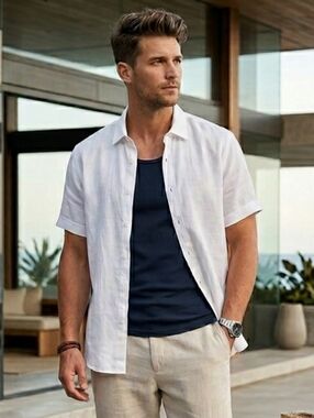 NWT Perry Ellis L Modern Resortwear Beach Vacation White Linen Blend Shirt